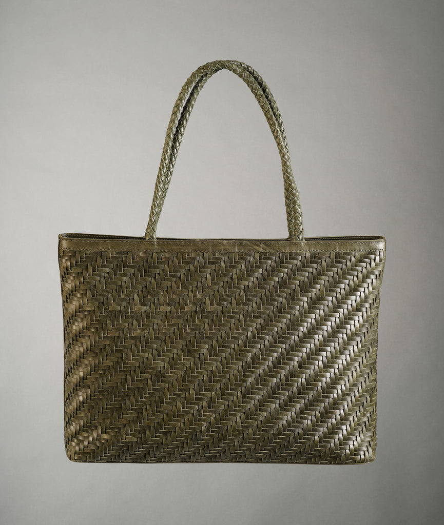 BRAID LEATHER TOTE BAG-Olive Garden